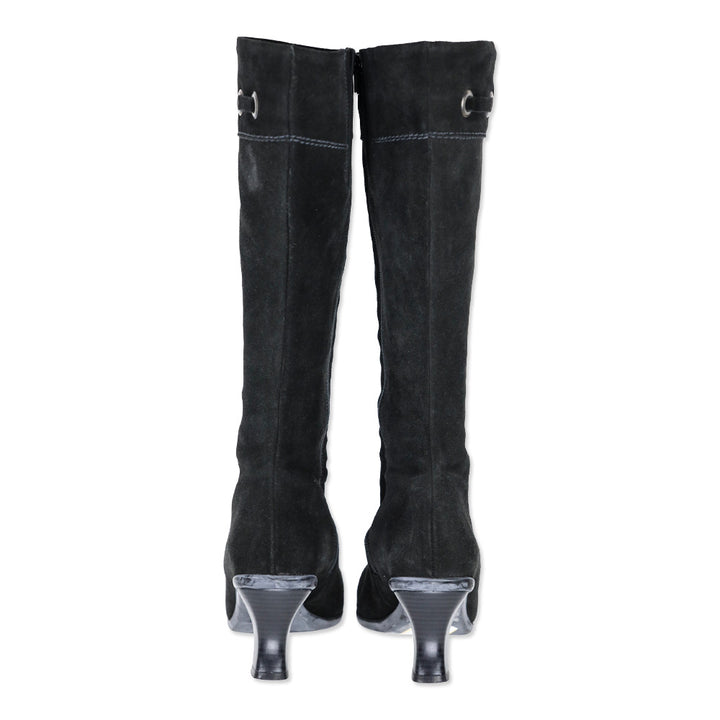 LA Canadienne Black Suede Kitten Knee-High Boots
