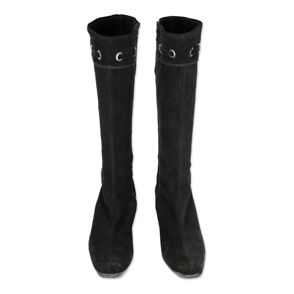 LA Canadienne Black Suede Kitten Knee-High Boots
