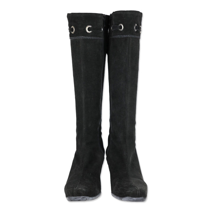 LA Canadienne Black Suede Kitten Knee-High Boots