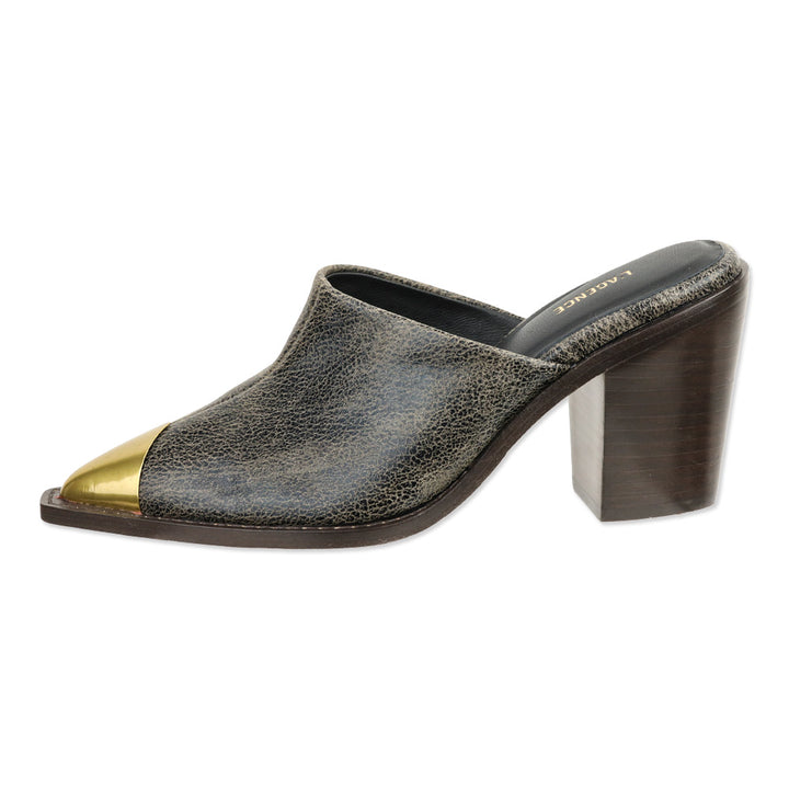 L'Agence Grey Distressed Leather Gold Cap Toe Mules