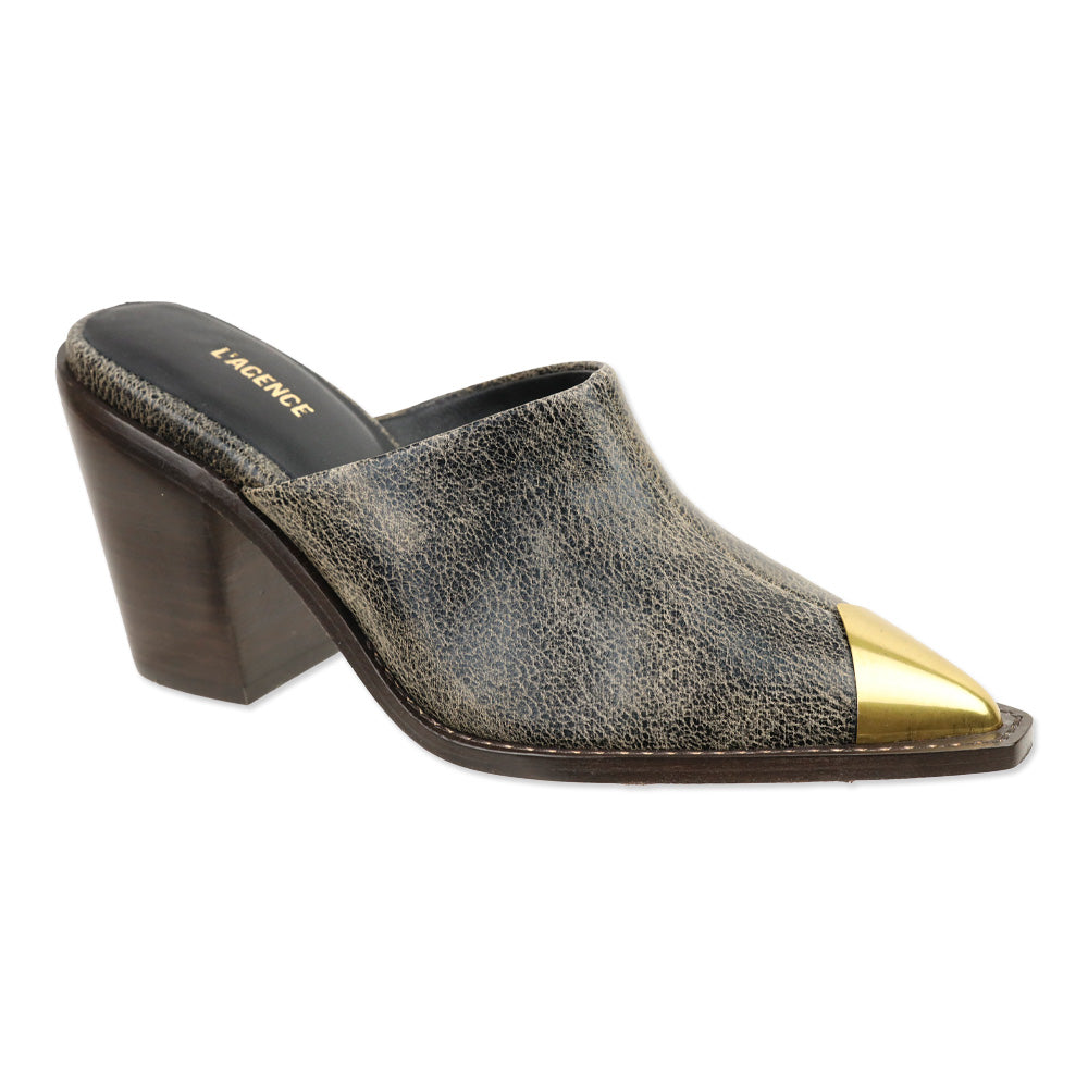 L'Agence Grey Distressed Leather Gold Cap Toe Mules