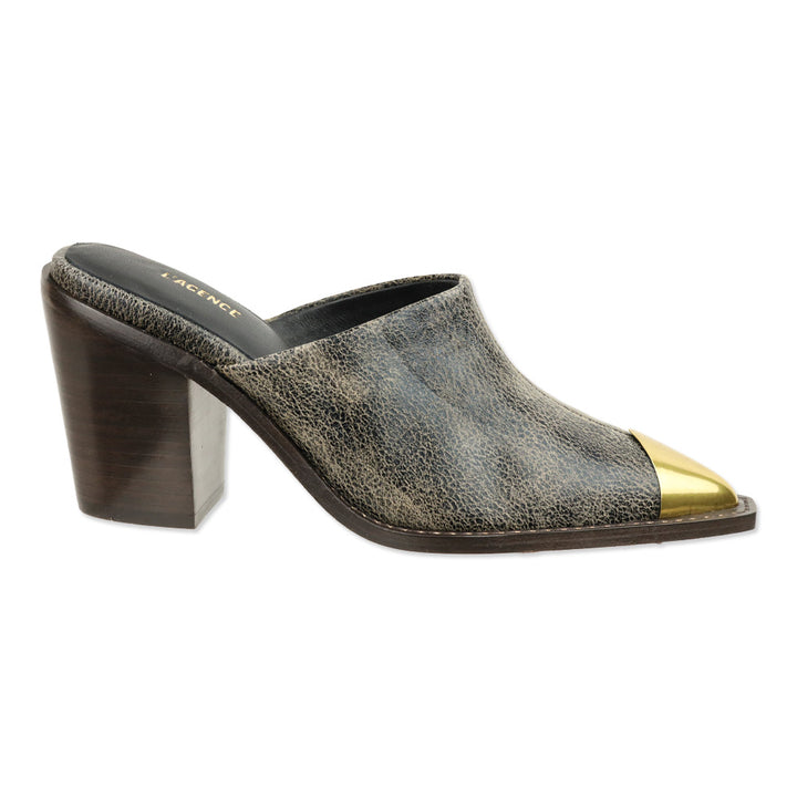 L'Agence Grey Distressed Leather Gold Cap Toe Mules