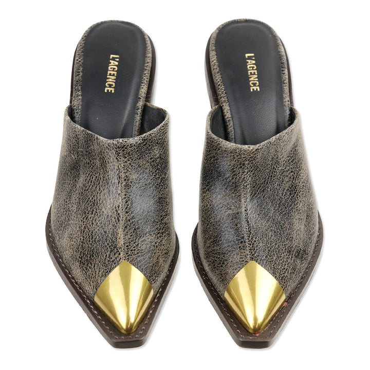 L'Agence Grey Distressed Leather Gold Cap Toe Mules