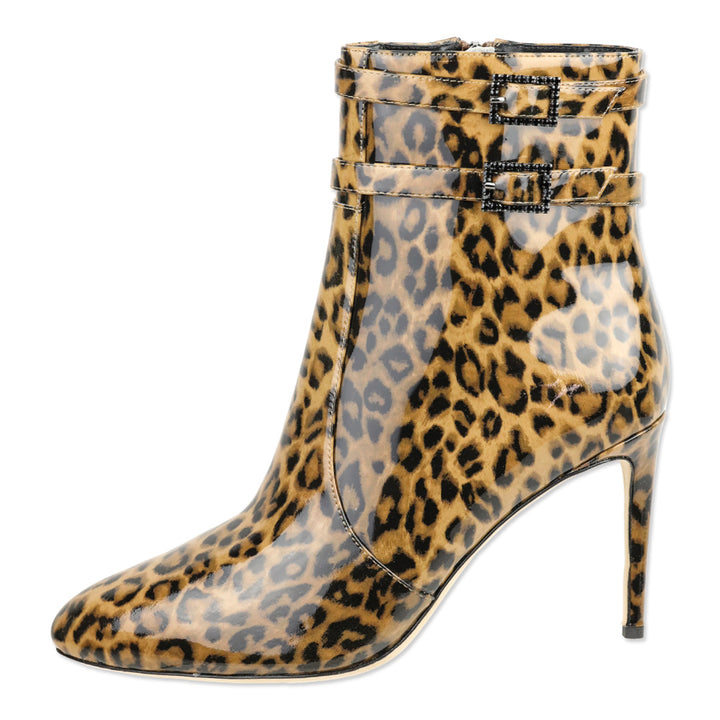 L'Agence Leopard Print Patent Leather Double Buckle Ankle Booties