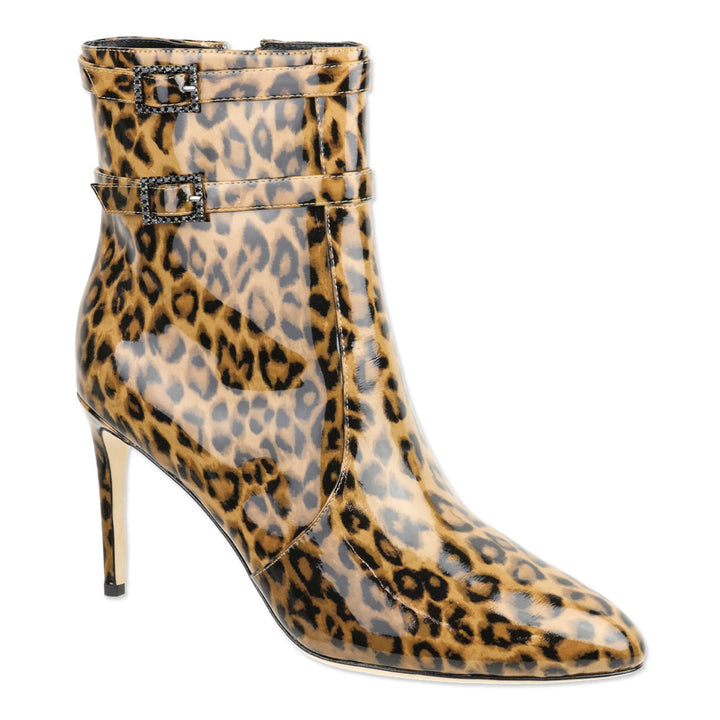 L'Agence Leopard Print Patent Leather Double Buckle Ankle Booties