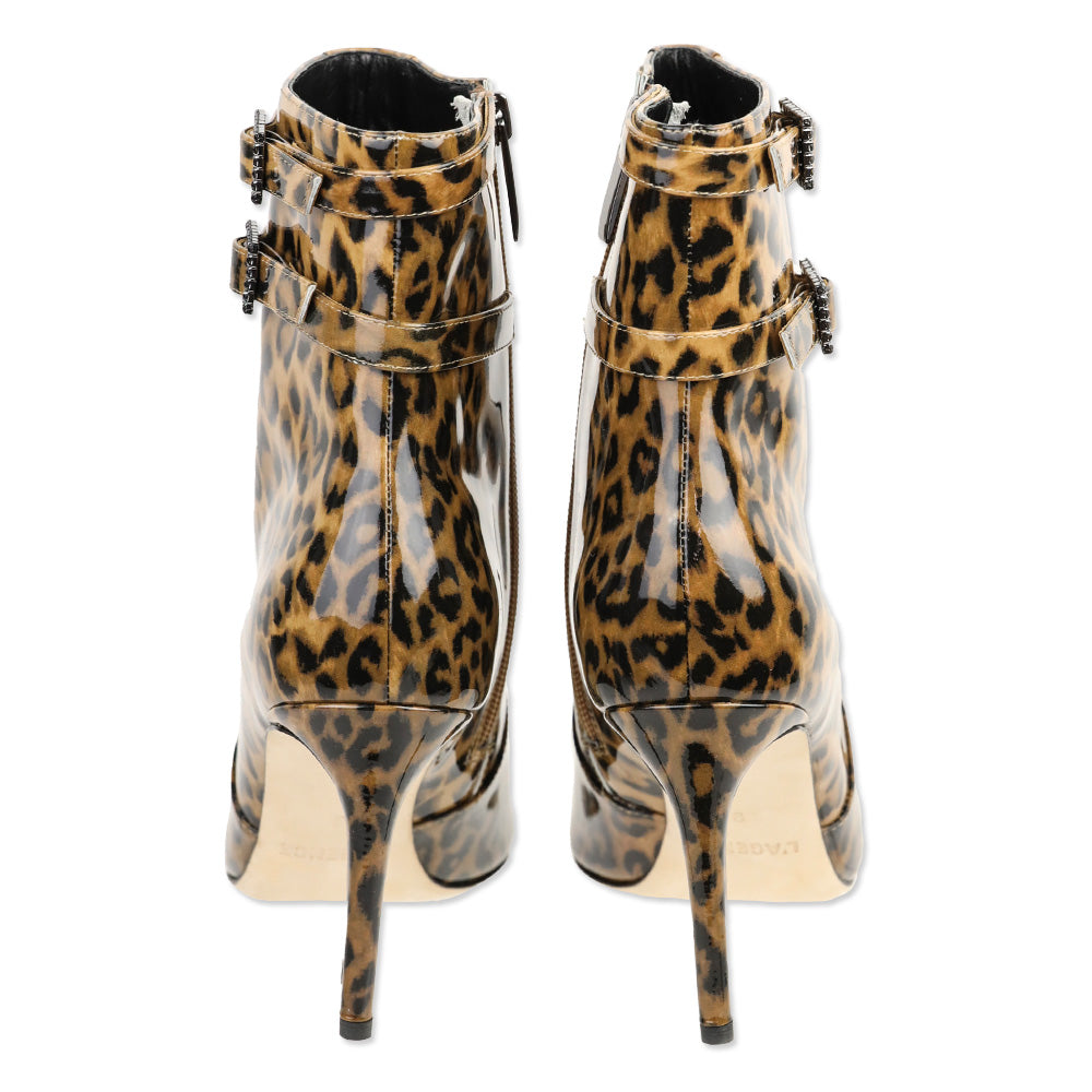 L'Agence Leopard Print Patent Leather Double Buckle Ankle Booties