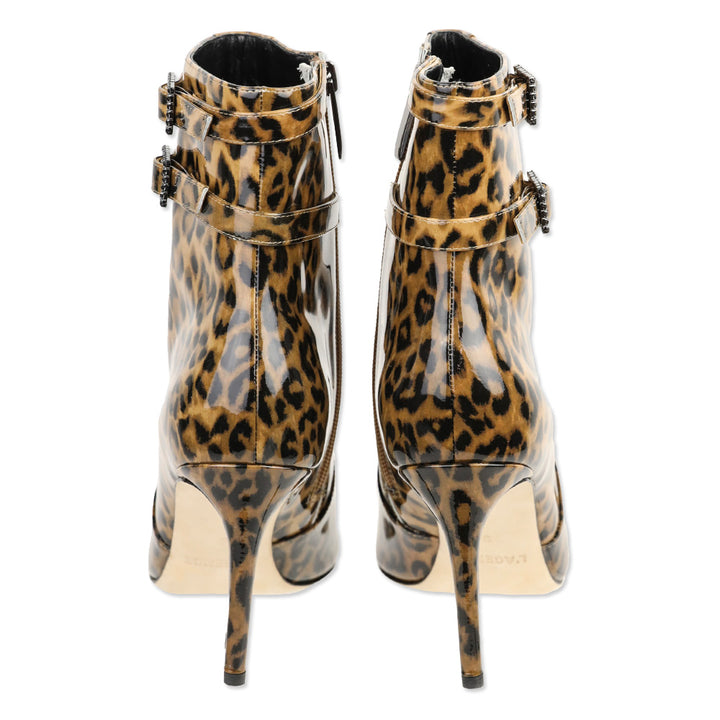 L'Agence Leopard Print Patent Leather Double Buckle Ankle Booties