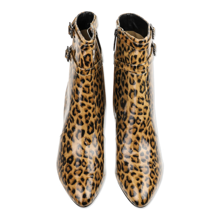 L'Agence Leopard Print Patent Leather Double Buckle Ankle Booties