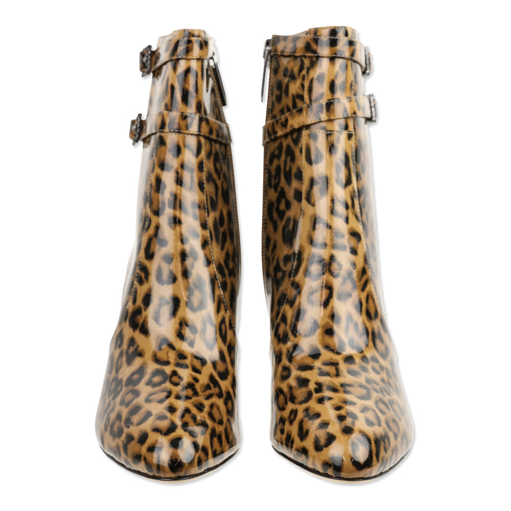 L'Agence Leopard Print Patent Leather Double Buckle Ankle Booties