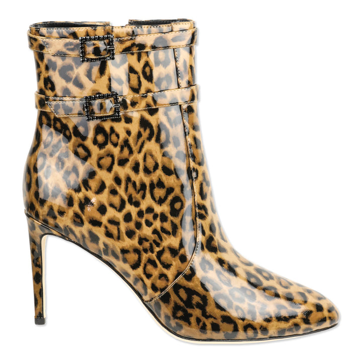 L'Agence Leopard Print Patent Leather Double Buckle Ankle Booties