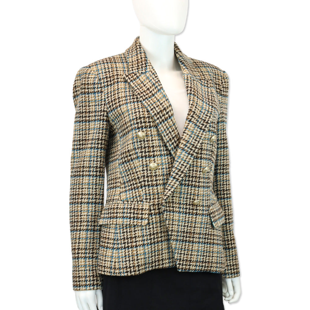 L’Agence Tan/Teal Multi Kenzie Double-Breasted Houndstooth Wool-Blend Blazer