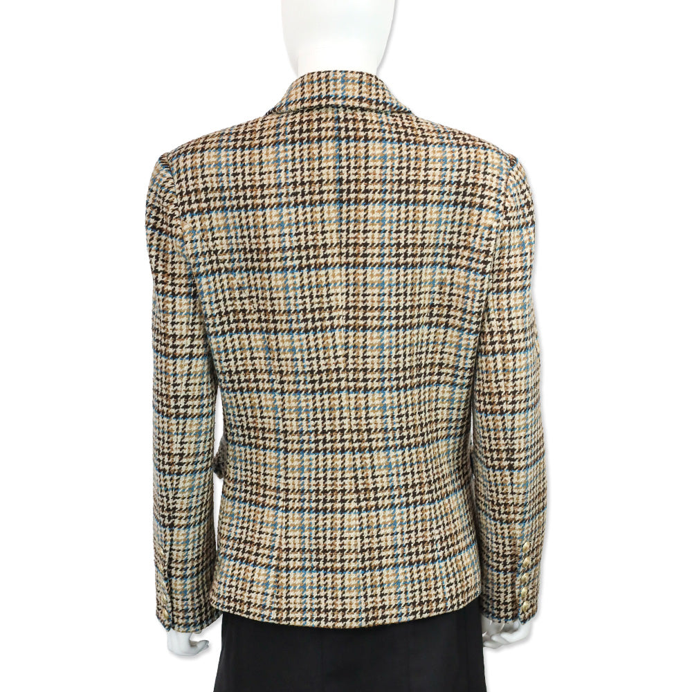 L’Agence Tan/Teal Multi Kenzie Double-Breasted Houndstooth Wool-Blend Blazer