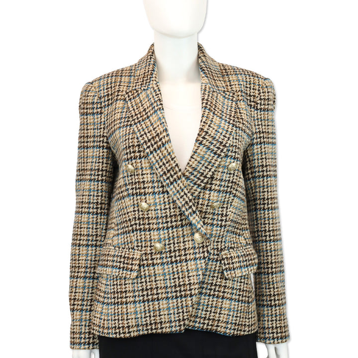 L’Agence Tan/Teal Multi Kenzie Double-Breasted Houndstooth Wool-Blend Blazer