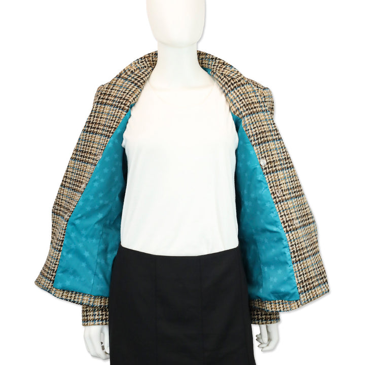 L’Agence Tan/Teal Multi Kenzie Double-Breasted Houndstooth Wool-Blend Blazer