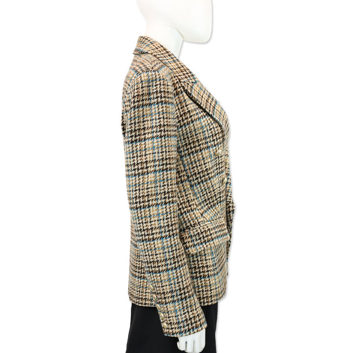 L’Agence Tan/Teal Multi Kenzie Double-Breasted Houndstooth Wool-Blend Blazer