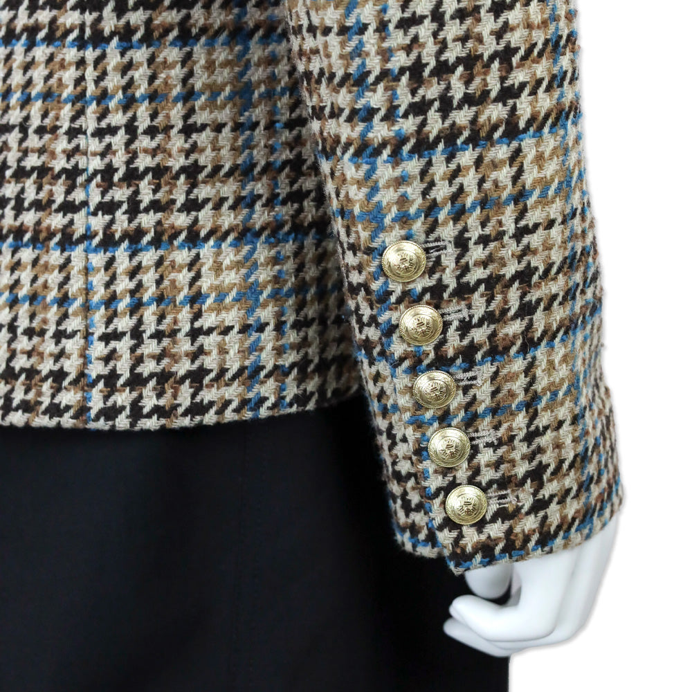 L’Agence Tan/Teal Multi Kenzie Double-Breasted Houndstooth Wool-Blend Blazer