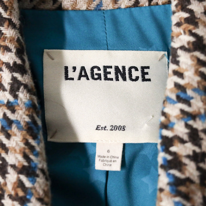 L’Agence Tan/Teal Multi Kenzie Double-Breasted Houndstooth Wool-Blend Blazer