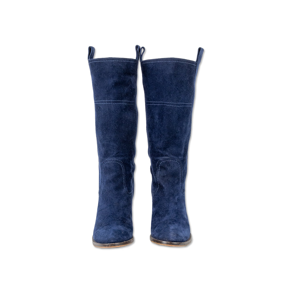 L'autre Chose Blue Suede Heeled Mid Calf Boots