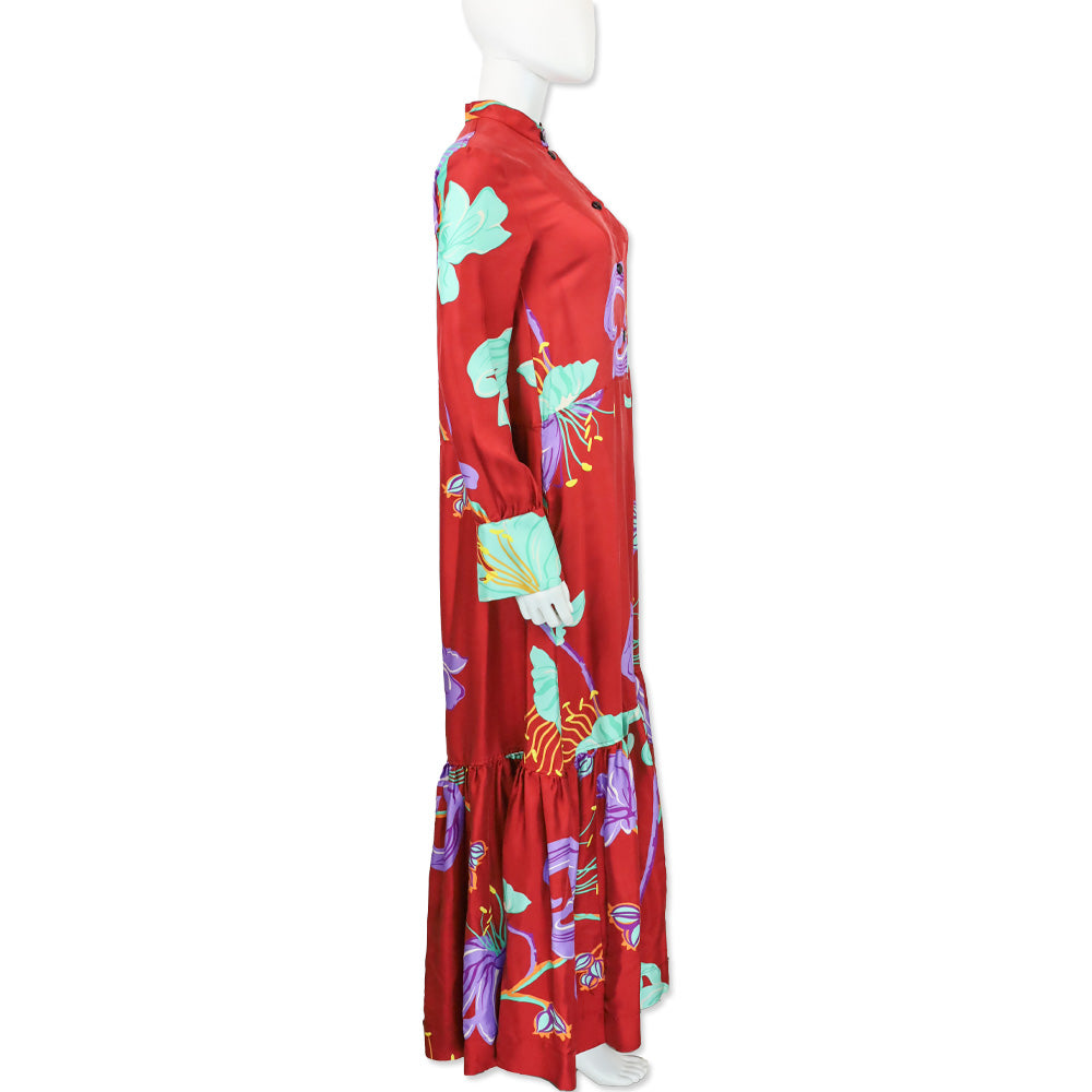 La DoubleJ with Mantero Red Floral Satin Long Sleeve Button Front Maxi Dress