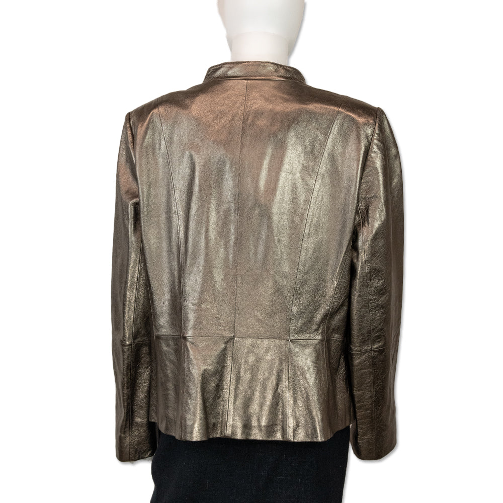 Lafayette 148 Woven Trim Metallic Pewter Leather Jacket