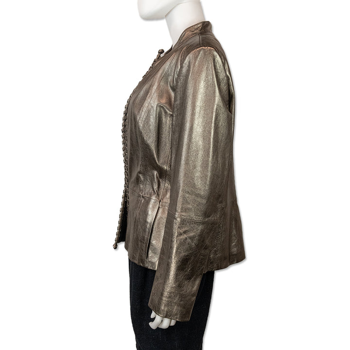 Lafayette 148 Woven Trim Metallic Pewter Leather Jacket