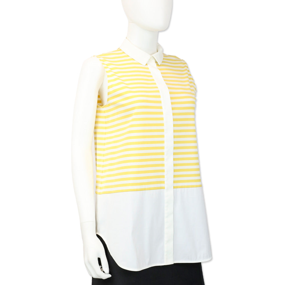 Lafayette 148 Yellow Striped Sleeveless Collared Blouse