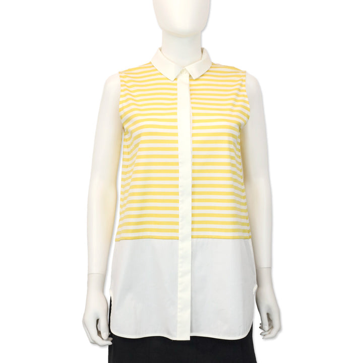 Lafayette 148 Yellow Striped Sleeveless Collared Blouse
