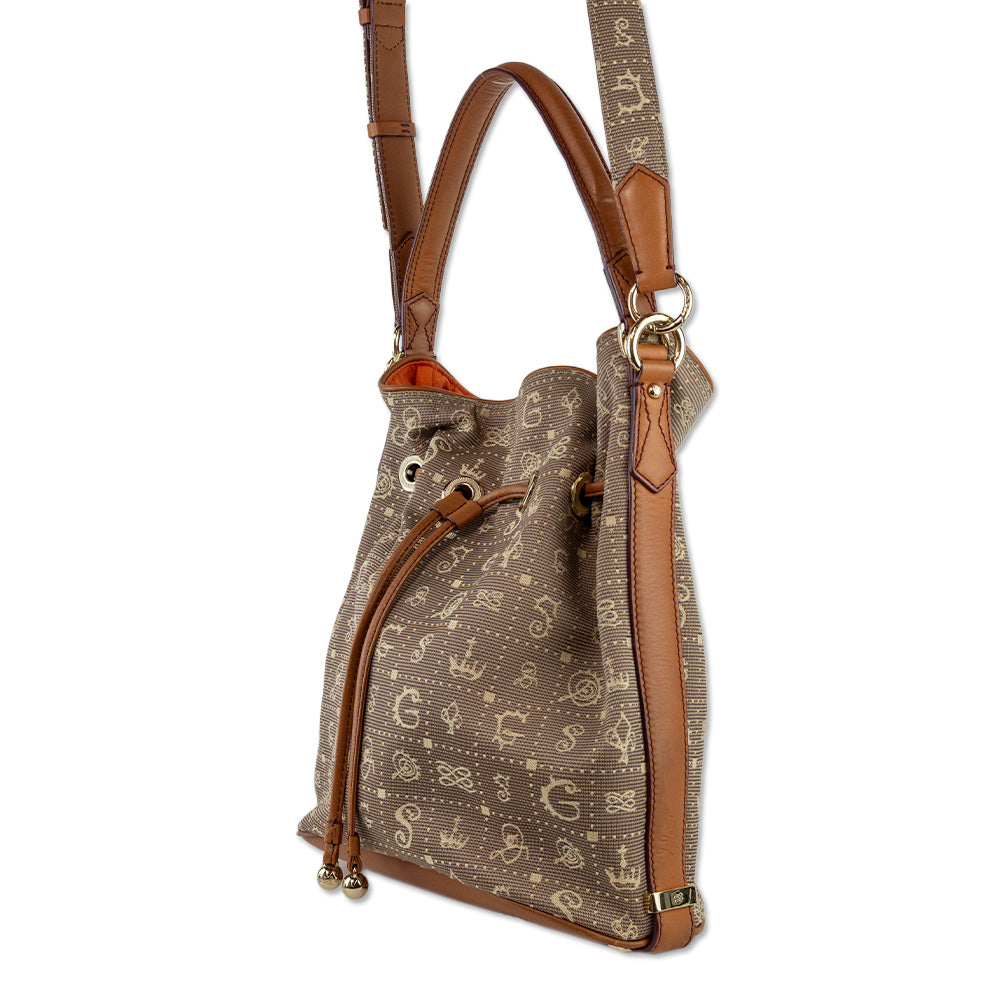 Lancel Beige Daligramme Canvas Brown Leather Bucket Bag