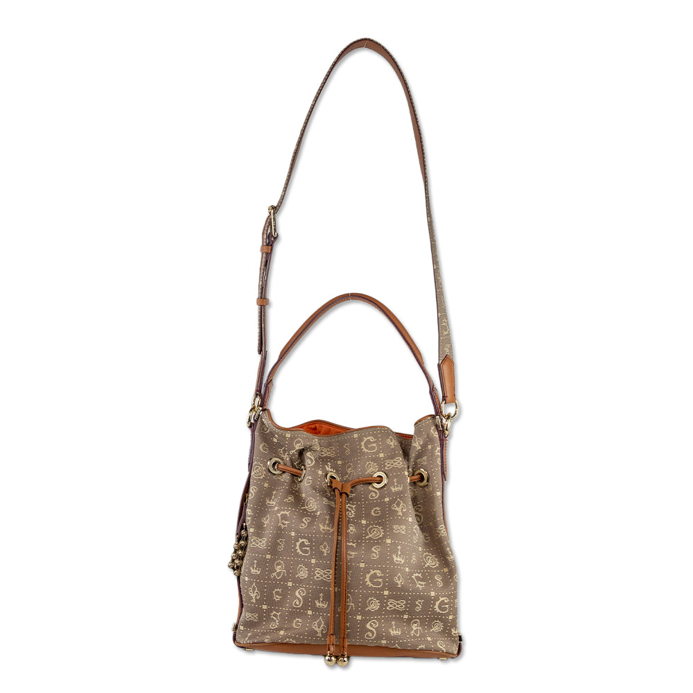 Lancel Beige Daligramme Canvas Brown Leather Bucket Bag