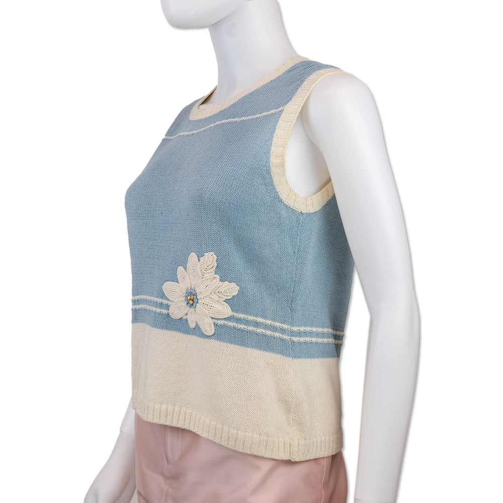 Lanvin Sport Blue Cotton White Flower Accent Knit Sweater Vest