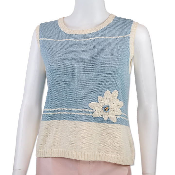 Lanvin Sport Blue Cotton White Flower Accent Knit Sweater Vest