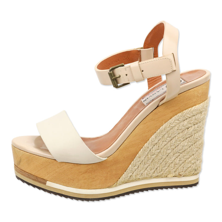 Lanvin Two-Tone Leather Ankle-Strap Wood Espadrille Wedge Sandal