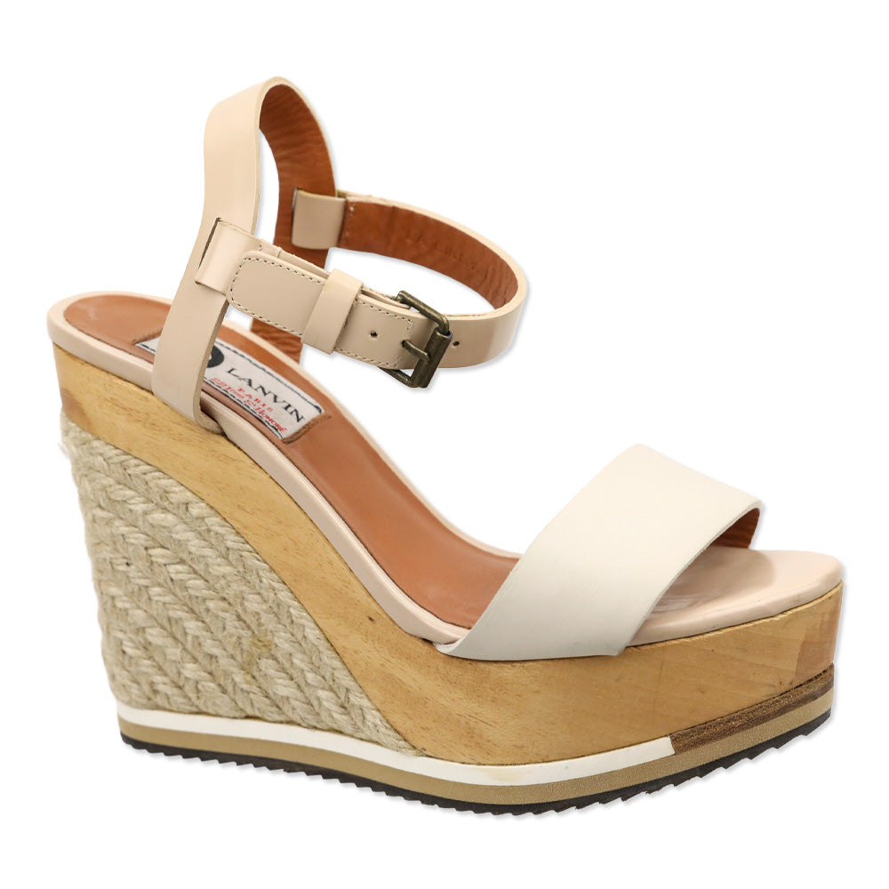 Lanvin Two-Tone Leather Ankle-Strap Wood Espadrille Wedge Sandal