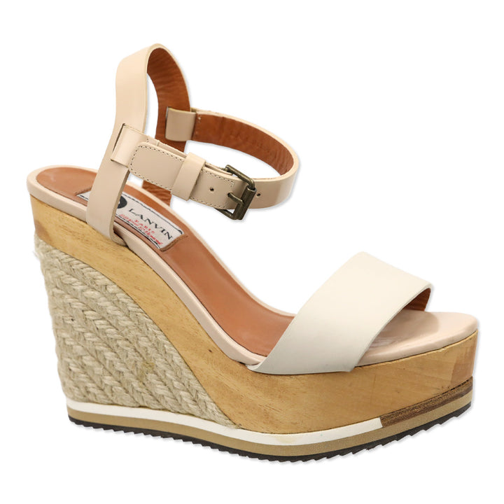 Lanvin Two-Tone Leather Ankle-Strap Wood Espadrille Wedge Sandal