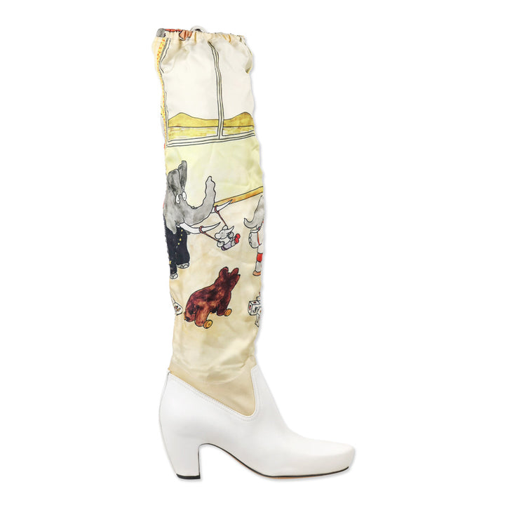 Lanvin White Leather Printed Silk Scarf Boots