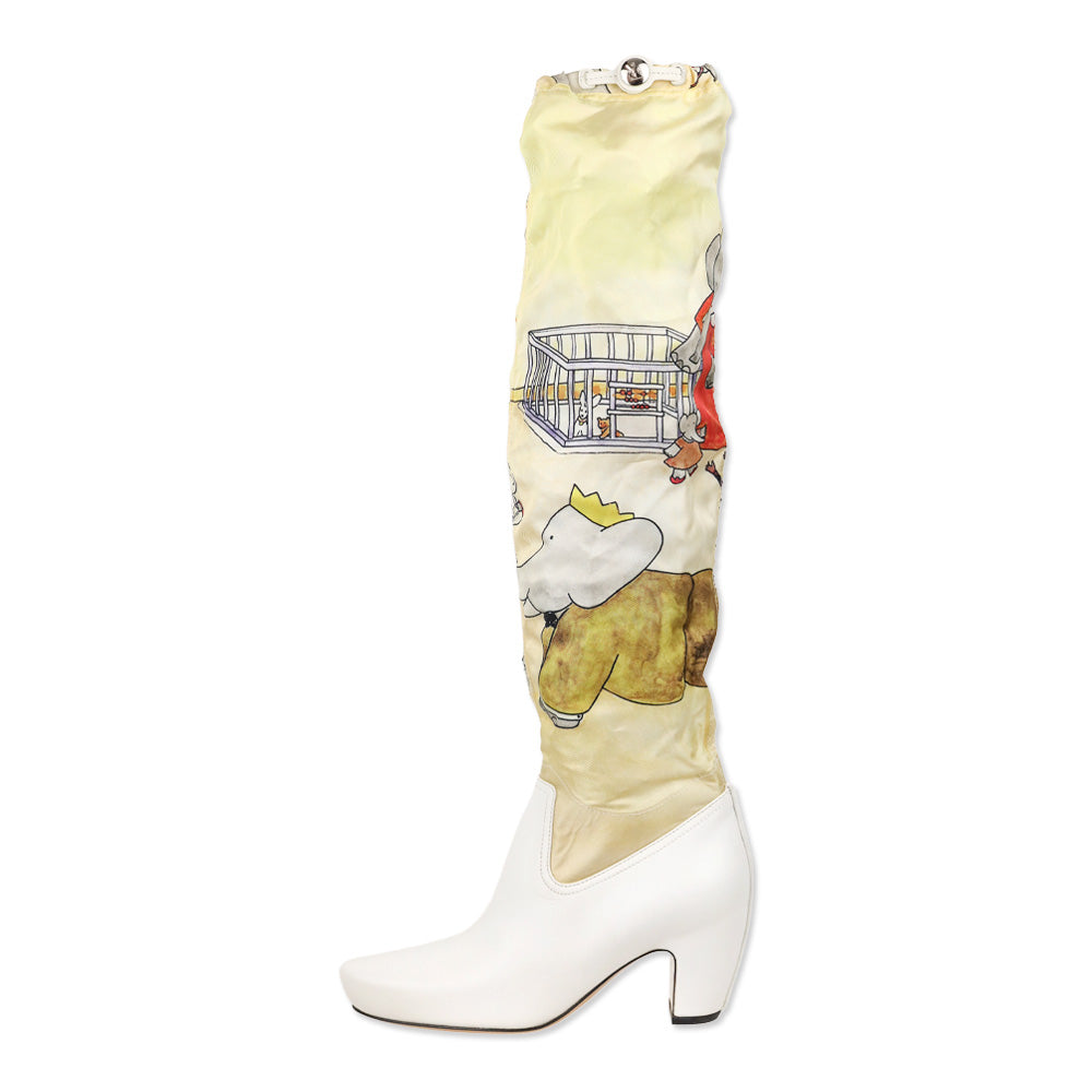 Lanvin White Leather Printed Silk Scarf Boots