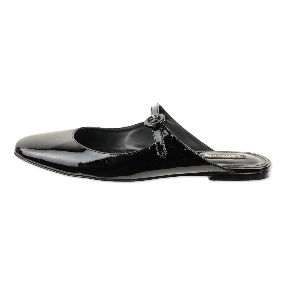 Larroudé Black Patent Blair Slide On Mule Flat