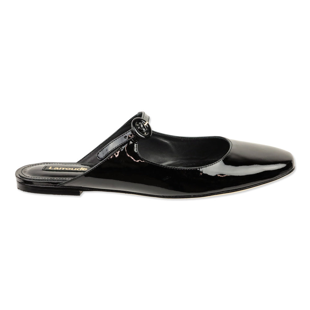 Larroudé Black Patent Blair Slide On Mule Flat