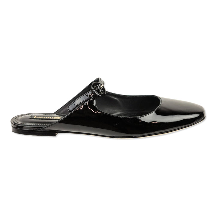 Larroudé Black Patent Blair Slide On Mule Flat