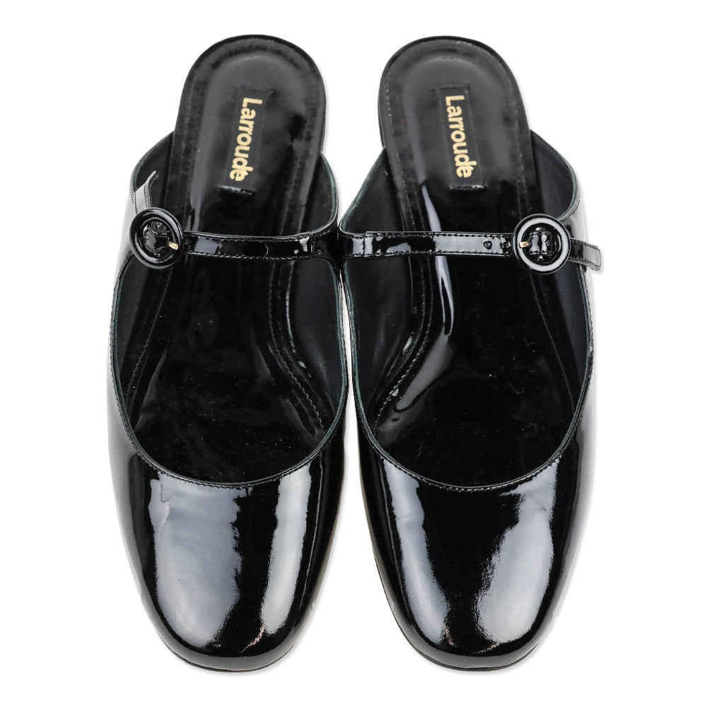 Larroudé Black Patent Blair Slide On Mule Flat