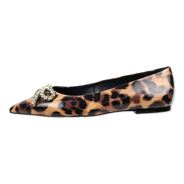 Larroudé Lee Jaguar-Print Patent Leather Crystal Bow Flats