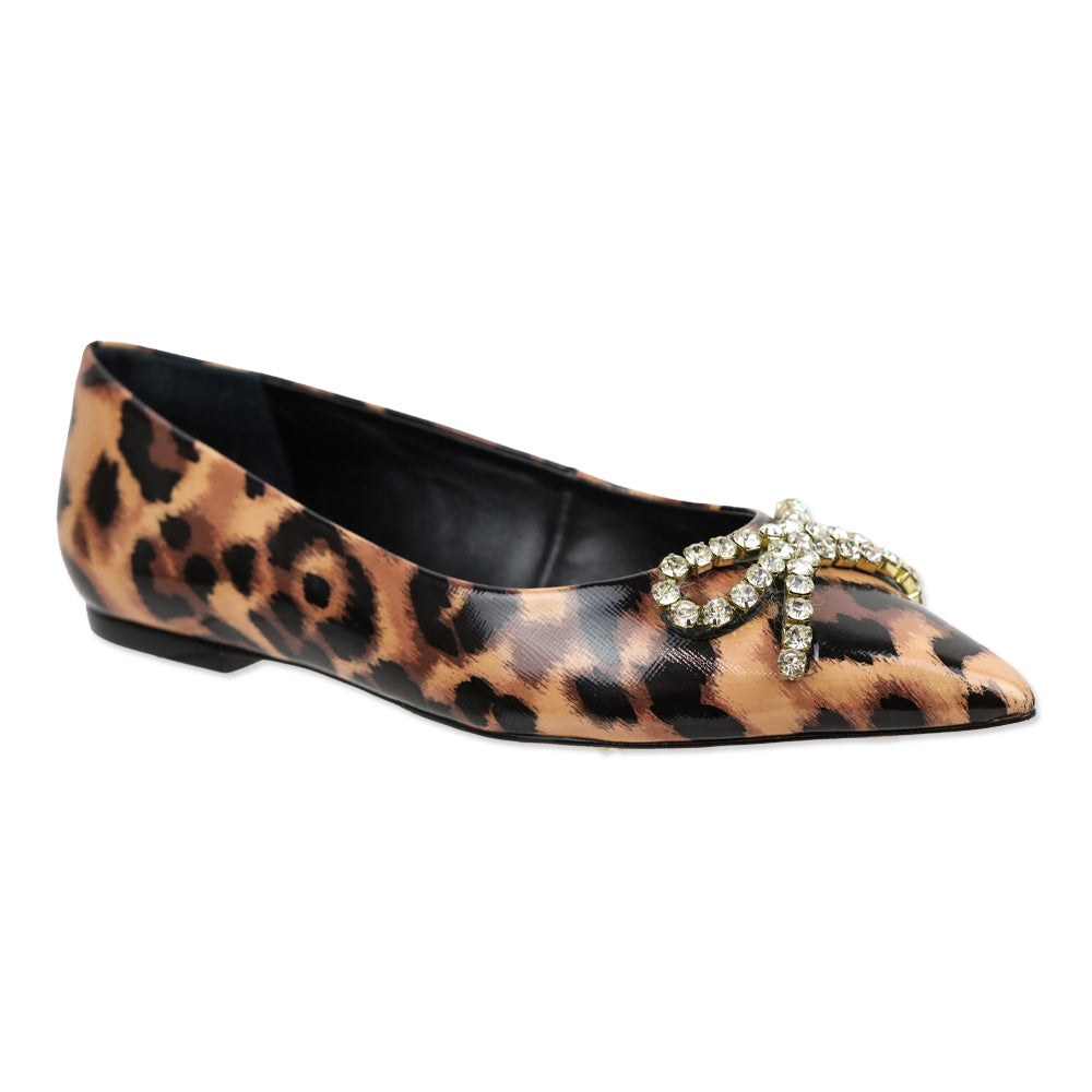 Larroudé Lee Jaguar-Print Patent Leather Crystal Bow Flats