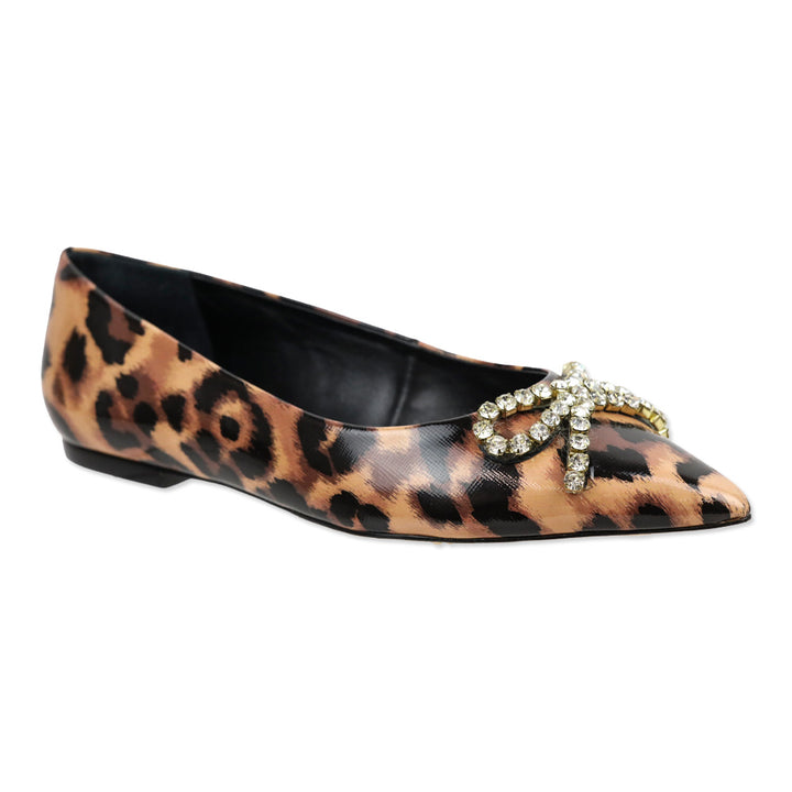 Larroudé Lee Jaguar-Print Patent Leather Crystal Bow Flats