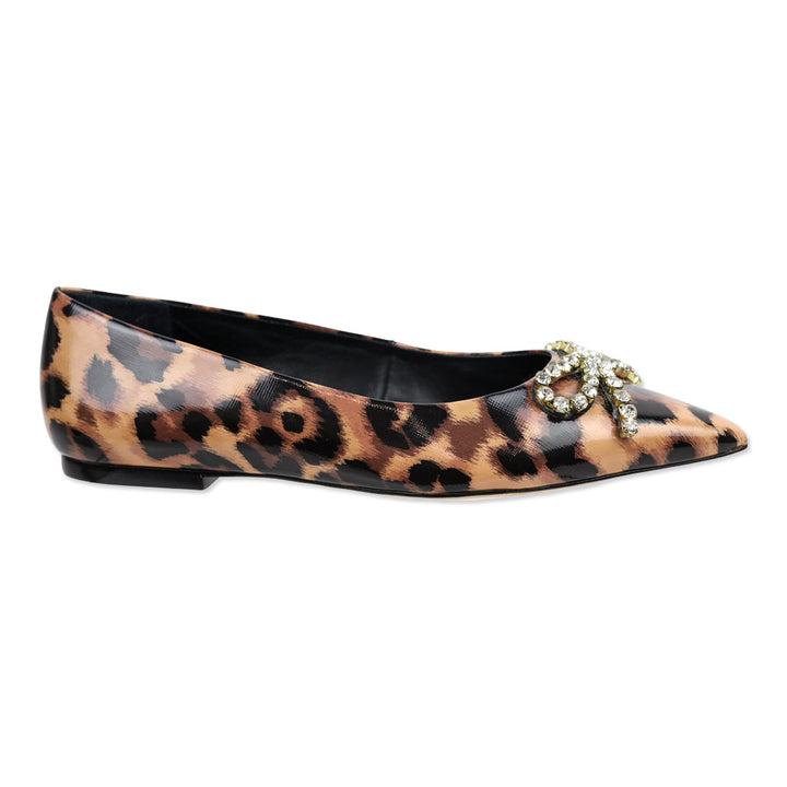 Larroudé Lee Jaguar-Print Patent Leather Crystal Bow Flats