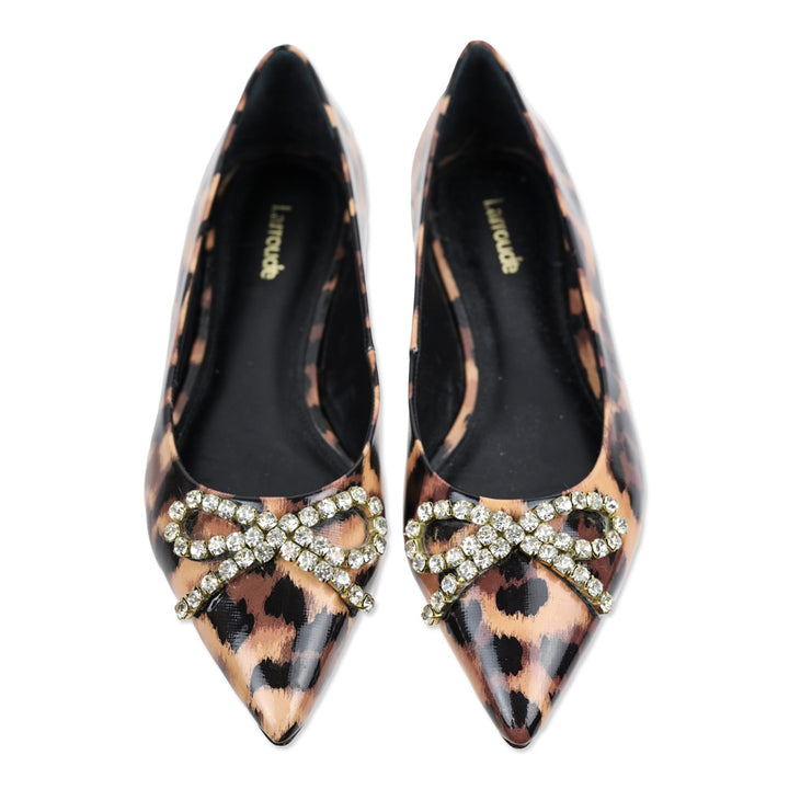 Larroudé Lee Jaguar-Print Patent Leather Crystal Bow Flats
