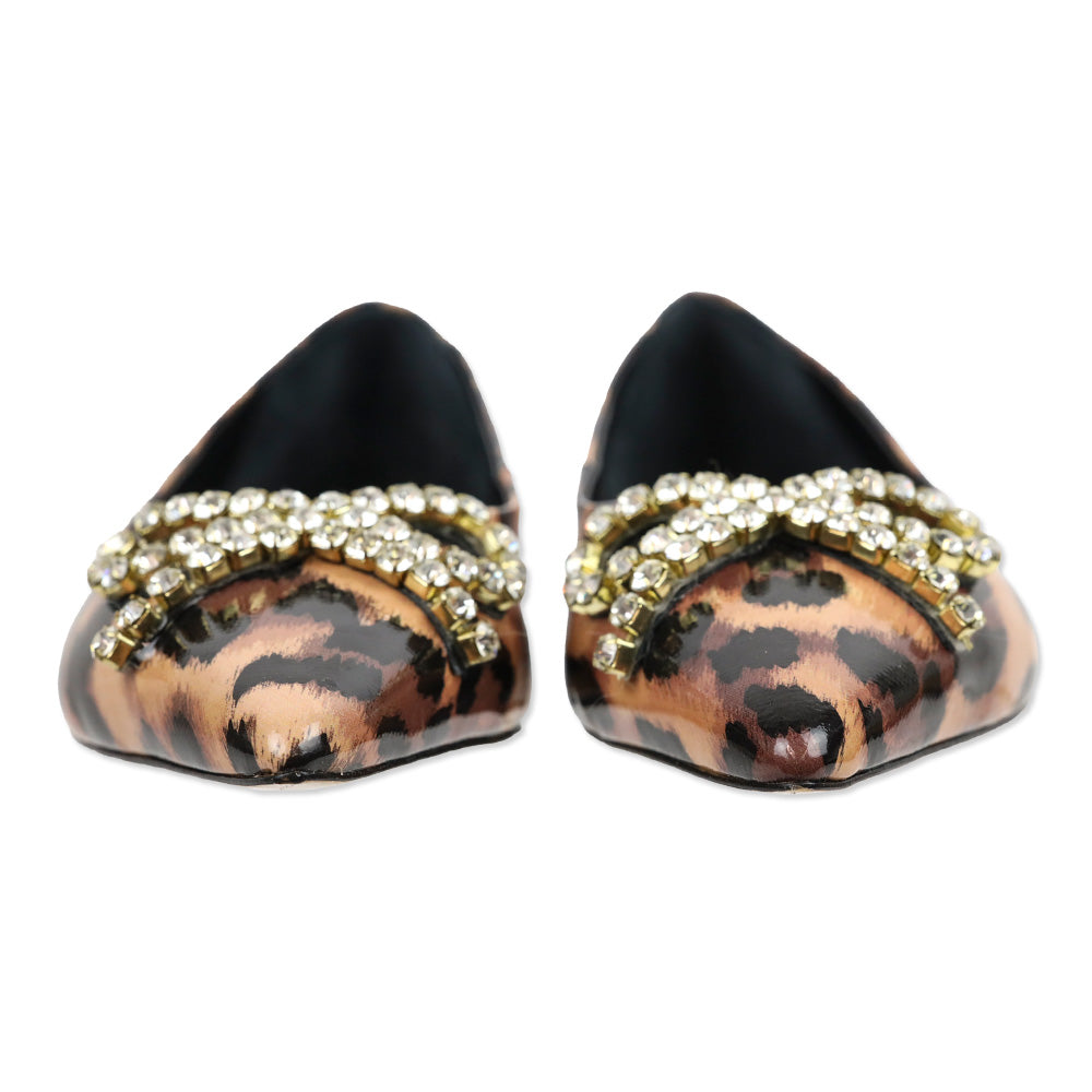 Larroudé Lee Jaguar-Print Patent Leather Crystal Bow Flats