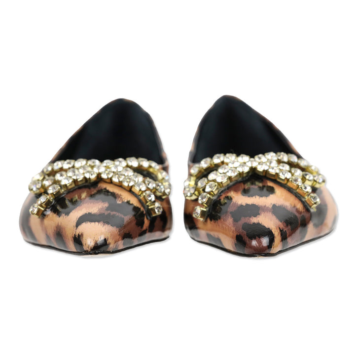 Larroudé Lee Jaguar-Print Patent Leather Crystal Bow Flats
