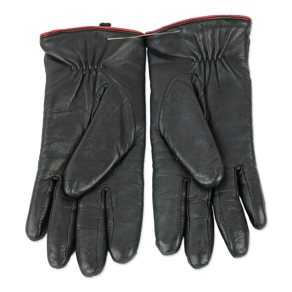 Lauren Ralph Lauren Black Leather Red Trim Lined Gloves
