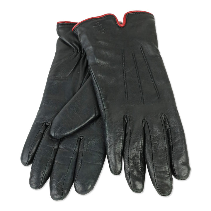 Lauren Ralph Lauren Black Leather Red Trim Lined Gloves
