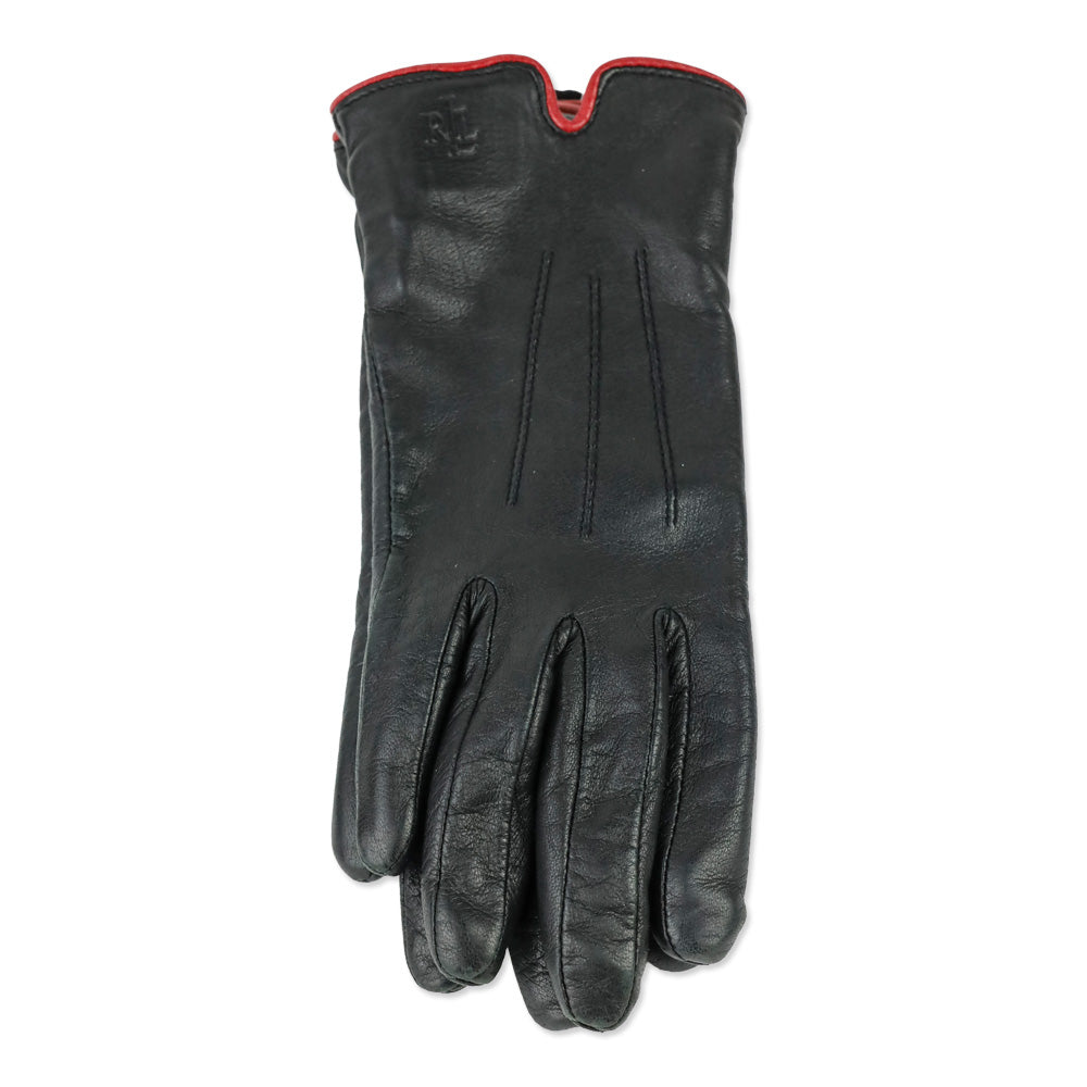 Lauren Ralph Lauren Black Leather Red Trim Lined Gloves